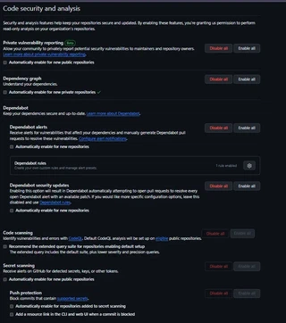 Code and security analysis options.